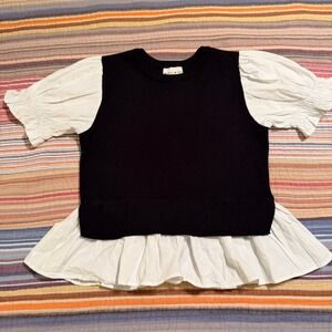 MIOU MUSE‎ Black Knit White Ruffle Peplum Blouse Top Women's Size S